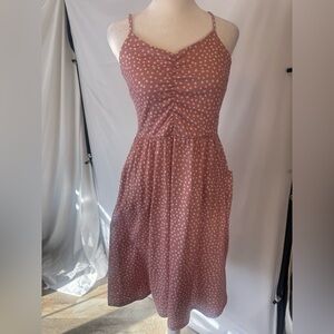 Yathon size SMALL pink/white polka dot midi sundress,  straps adjust, zip side